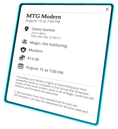 Expanded event view showing details such as event location, time, game, and format.